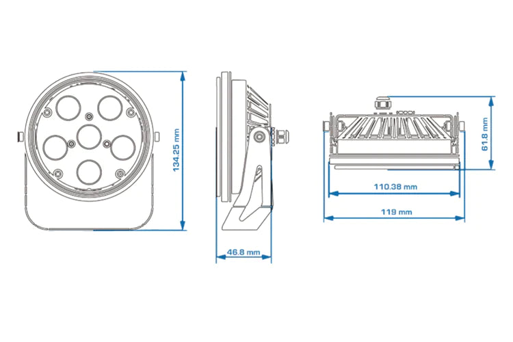 DarkFX Antari Spot510IP - Outdoor 6x1.9W LED UV Spot dimensions